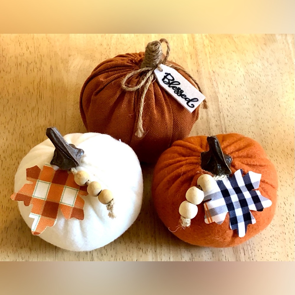 Blessed Rustic Farmhouse Orange White Fabric Pumpkin Plaid Leaf Decor Bundle 3